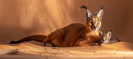 Male caracal and caracal kitten portrait with empty space on left for text placementの素材