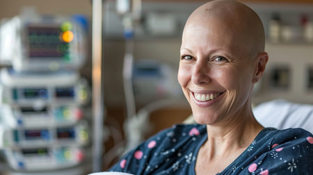 Bald woman smiling in hospital bed, with space for text, supporting cancer patientsの素材