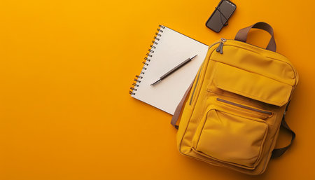 School bag essentials  stationery supplies banner design on orange background with copy spaceの素材