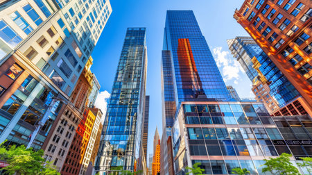 Tall tower reaching sky in urban landscape skyscraper city business architecture exterior viewの素材