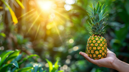 Hand holding pineapple slice with selection on blurred background, copy space availableの素材