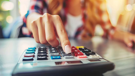 Woman s hand using calculator to calculate balance for tax reduction, income, and budget expensesの素材