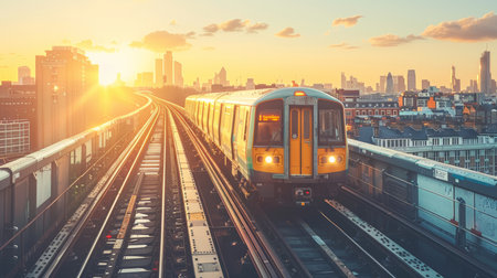 Urban train travel   modern locomotive on railroad tracks with cityscape backgroundの素材
