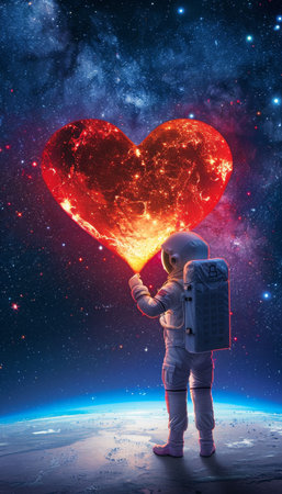 Astronaut in space suit holding glowing heart, earth backdrop   sci fi love and exploration concept.の素材