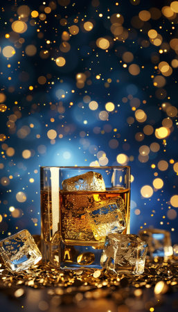 Whiskey glass with ice cubes on dark moody background, providing ample space for text placementの素材