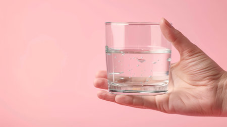 Hand holding water glass on pastel background with space for text placement, side viewの素材