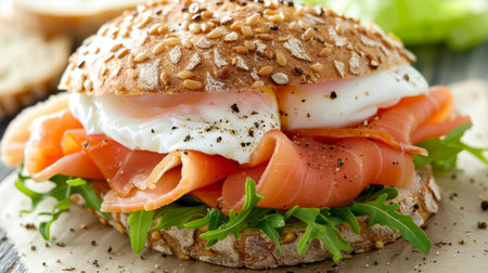 Gourmet sandwich showcasing perfectly poached eggs in professional food photographyの素材