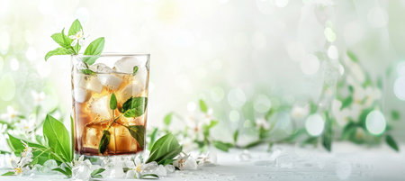 Refreshing apple juice in glass garnished with mint leaves on blurred background with space for textの素材