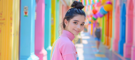 Active lifestyle  smiling young woman in sportswear glancing back, pastel background with copy spaceの素材