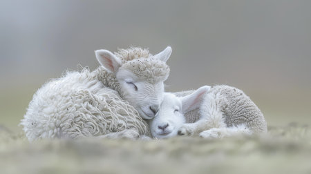 Sweet and endearing lamb showing affection by nuzzling its caring mother in a serene green meadowの素材