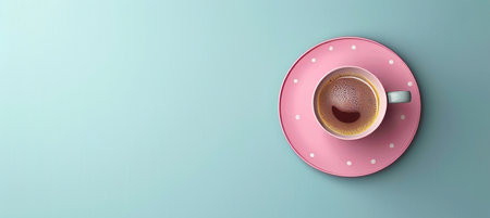 Coffee break on clean desk, relaxation concept with copy space, top view on pastel backgroundの素材