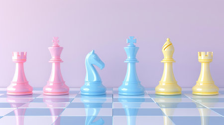 Strategic leadership  chess pieces on board representing business success on pastel backgroundの素材