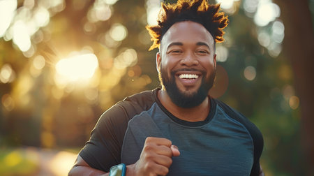 African man running for health and happiness, promoting physical fitness and positive well beingの素材