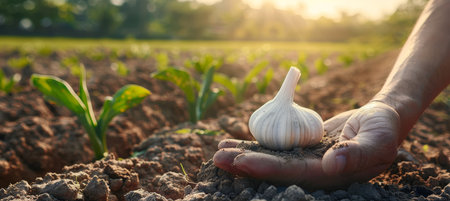 Hand holding garlic bulb with selection on blurred background, copy space availableの素材