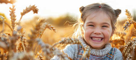Young girl joyfully smiling in a beautiful wheat field at sunset, embracing happinessの素材