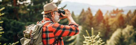 Middle aged man hiking in nature  mountain adventure exploration and motivation with copy spaceの素材