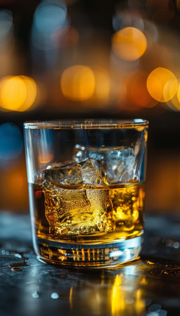 Whiskey on the rocks  glass with ice cubes on simple background with space for textの素材