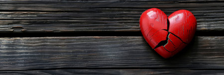 Cracked red heart on dark wooden background symbolizing emotional and sentimental conceptsの素材