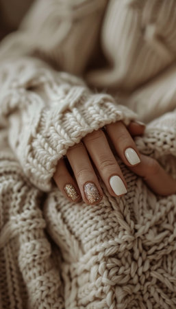 Chic female hand adorned with sparkling white nail art in a cozy pastel sweater ambianceの素材
