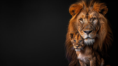 Male lion and cub portrait with ample space for text, object positioned on the right sideの素材