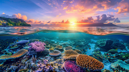 Golden hour split view  great barrier reef coral ecosystem at sunset in queensland, australiaの素材