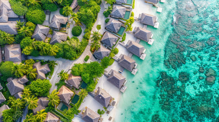 Serene aerial view of maldives tropical beach with palm trees on white sandy shoreの素材
