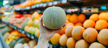 Hand holding cantaloupe slice with blurred cantaloupe selection background for textの素材