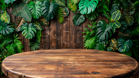 Empty podium mockup in nature setting with jungle theme for striking visual impactの素材