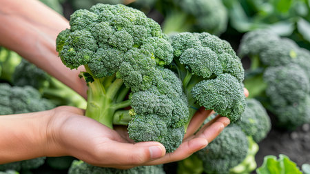 Hand holding broccoli floret on blurred background with space for text on broccoli selectionの素材