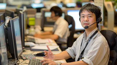 Asian male customer service agent gesturing approval in multilingual call center with soft lightingの素材