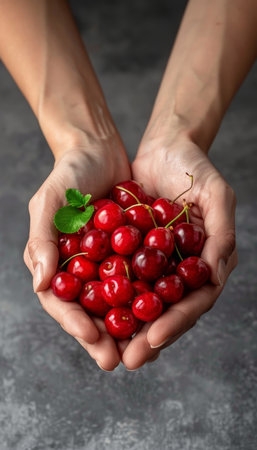 Selective focus  hand holding ripe red cherries with blurred background, space for textの素材