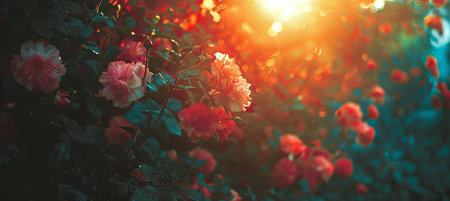 Whimsical fantasy  oversized dreamlike flowers transform summer plantation into surreal realmの素材