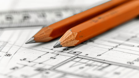 Architect with blueprint  technical project drawing and architectural plan on deskの素材