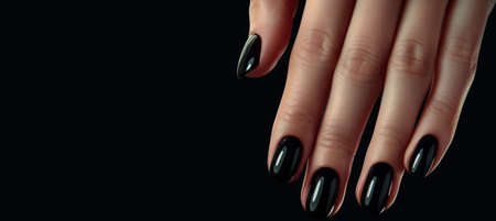 Close up of elegant female hand with chic black nail polish, fashionable manicure detailの素材