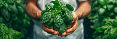 Fresh spinach leaves held in hand, selection of spinach on blurred background with copy spaceの素材