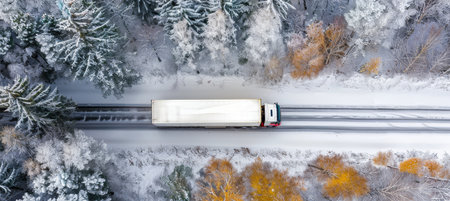 Aerial drone view of car and truck driving on snow covered road in white winter forest landscapeの素材