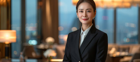 Elegant asian woman living the luxury lifestyle in a penthouse with a blurred backgroundの素材