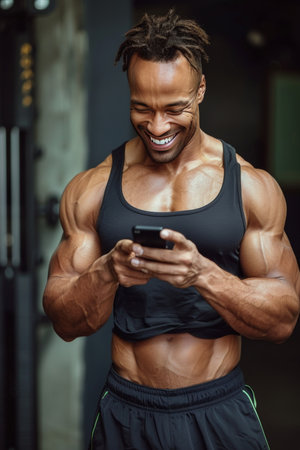 Athletic man smiling at phone in bright gym with fitness equipment and motivational postersの素材