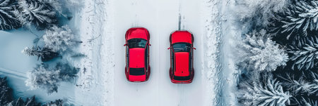 Winter forest road  aerial view of car and truck driving with copy space, drone shotの素材