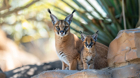 Male caracal with caracal kitten, text space on left, object on right for balanced compositionの素材