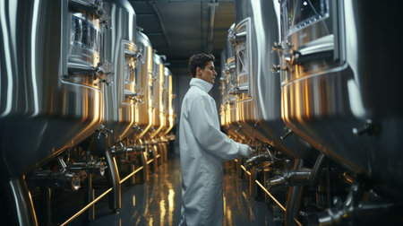 Modern stainless steel brewery lab, technicians analyze samples for scientific beer brandの素材