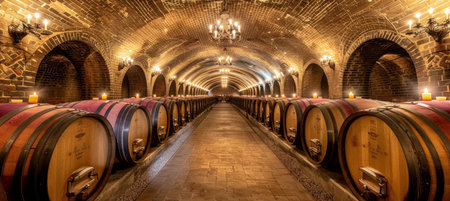 Timeless elegance  heritage wine cellar in historic chateau with candlelit aging barrelsの素材
