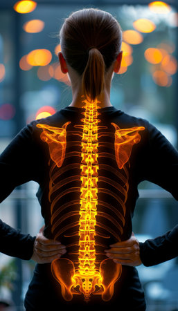 Close up of woman s highlighted painful spine at home, ideal for medical and chiropractic care ads.の素材