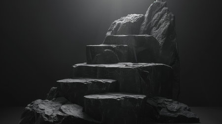 Minimalist stone podium on dark background for product display in studio settingの素材