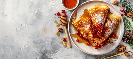 Adorable owl pancakes with berries and honey for kids  breakfast on white plate, copy spaceの素材