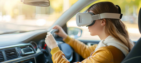 Virtual reality driving exam in car simulator with young woman at driving schoolの素材