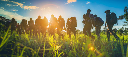 Adventurous group trekking in mountains at sunset, enjoying nature and outdoor activitiesの素材