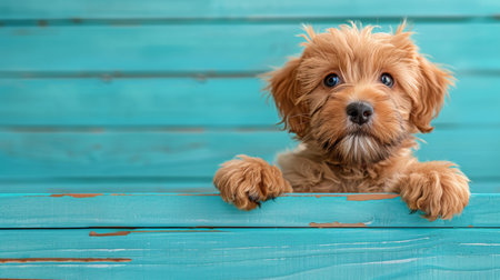 A curious puppy with paws up peeking over a blue wooden surface, with copy spaceの素材