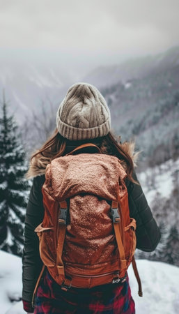 Woman hiker embracing mountain adventure in nature landscape for exploration and motivationの素材