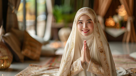 Smiling asian muslim woman making eid mubarak gesture on pastel background with copy spaceの素材